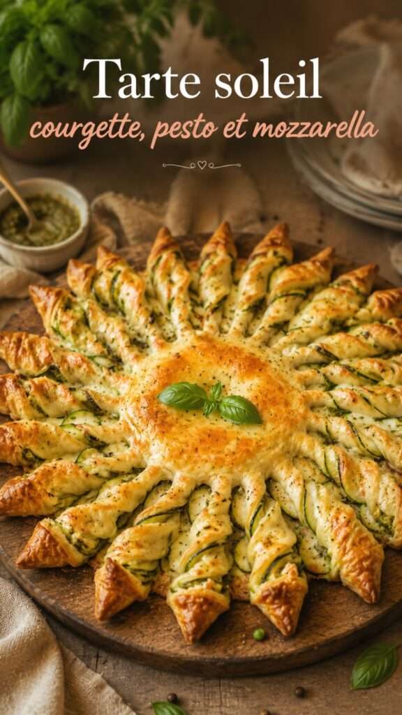 Tarte soleil feuilletée garnie de courgette, de pesto vert et de mozzarella fondante, avec des branches torsadées bien dorées après cuisson au four.