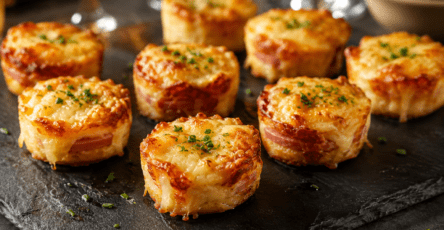 Croque-muffins individuels dorés dans un moule, composés de pain de mie croustillant garni de jambon, de béchamel crémeuse et de fromage gratiné.