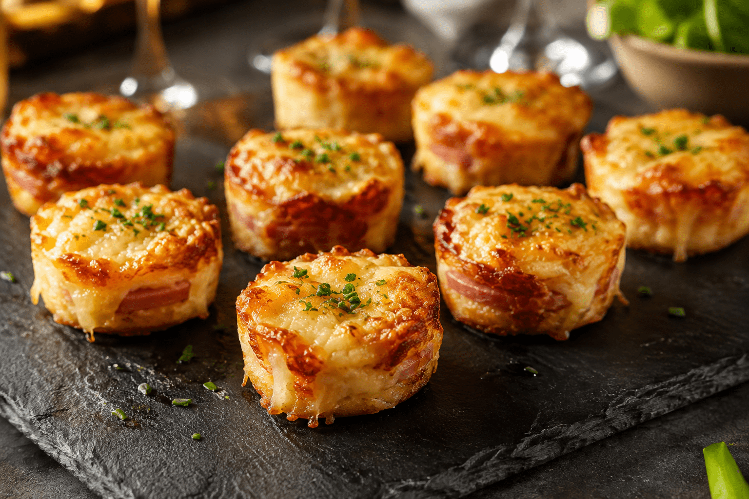 Croque-muffins individuels dorés dans un moule, composés de pain de mie croustillant garni de jambon, de béchamel crémeuse et de fromage gratiné.