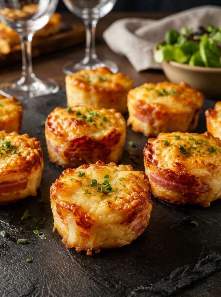 Croque-muffins individuels dorés dans un moule, composés de pain de mie croustillant garni de jambon, de béchamel crémeuse et de fromage gratiné.