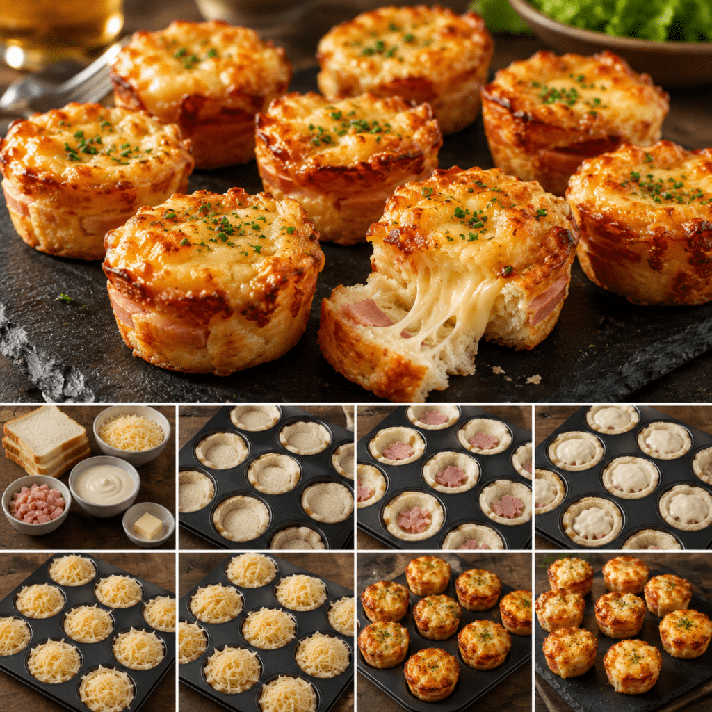 Croque-muffins individuels dorés dans un moule, composés de pain de mie croustillant garni de jambon, de béchamel crémeuse et de fromage gratiné.