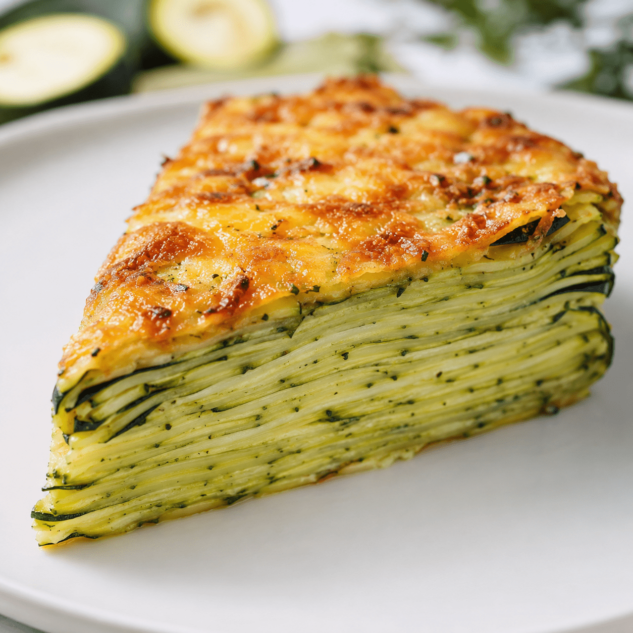 Gâteau invisible salé aux courgettes coupé en parts épaisses, montrant de nombreuses fines couches de légumes fondants liées par une pâte légère aux œufs et au parmesan, avec une surface dorée.