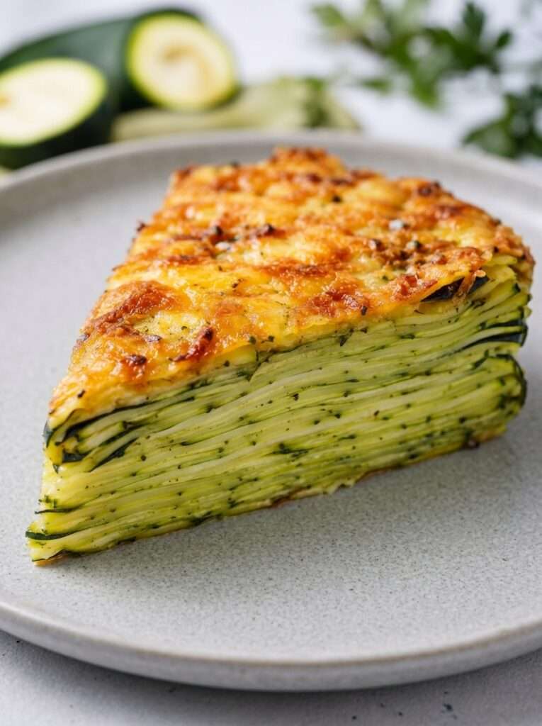 Gâteau invisible salé aux courgettes coupé en parts épaisses, montrant de nombreuses fines couches de légumes fondants liées par une pâte légère aux œufs et au parmesan, avec une surface dorée.