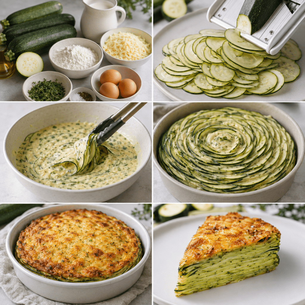 Gâteau invisible salé aux courgettes coupé en parts épaisses, montrant de nombreuses fines couches de légumes fondants liées par une pâte légère aux œufs et au parmesan, avec une surface dorée.