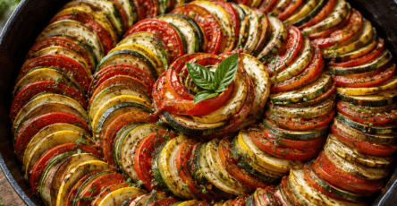 Ratatouille façon Disney présentée dans un plat rond, composée de fines rondelles de courgettes vertes et jaunes, d’aubergines et de tomates rangées en spirale serrée sur une sauce tomate aux herbes.