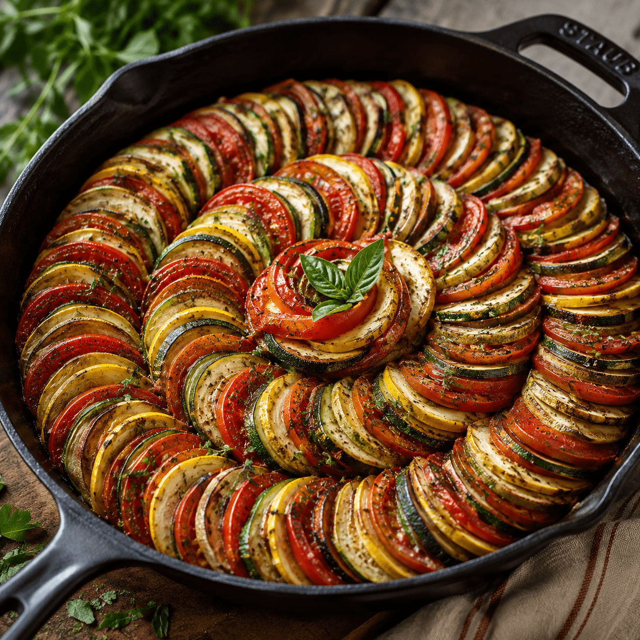 Ratatouille façon Disney présentée dans un plat rond, composée de fines rondelles de courgettes vertes et jaunes, d’aubergines et de tomates rangées en spirale serrée sur une sauce tomate aux herbes.