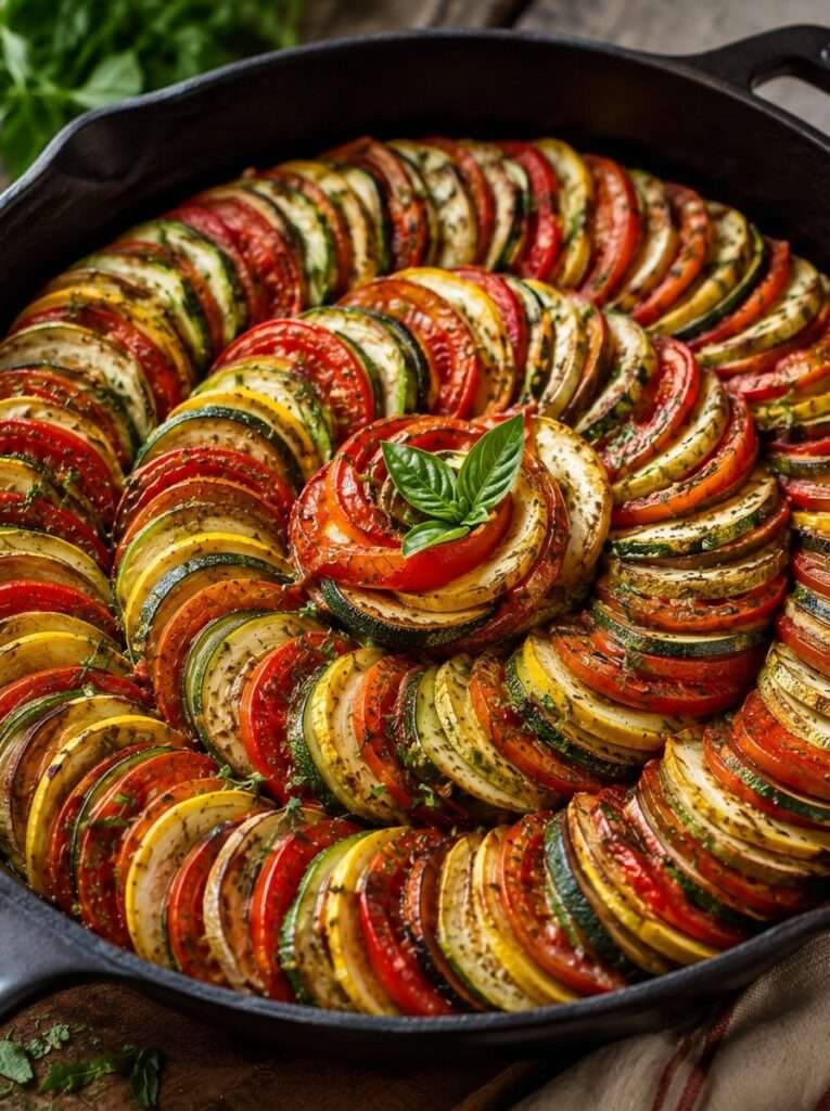 Ratatouille façon Disney présentée dans un plat rond, composée de fines rondelles de courgettes vertes et jaunes, d’aubergines et de tomates rangées en spirale serrée sur une sauce tomate aux herbes.