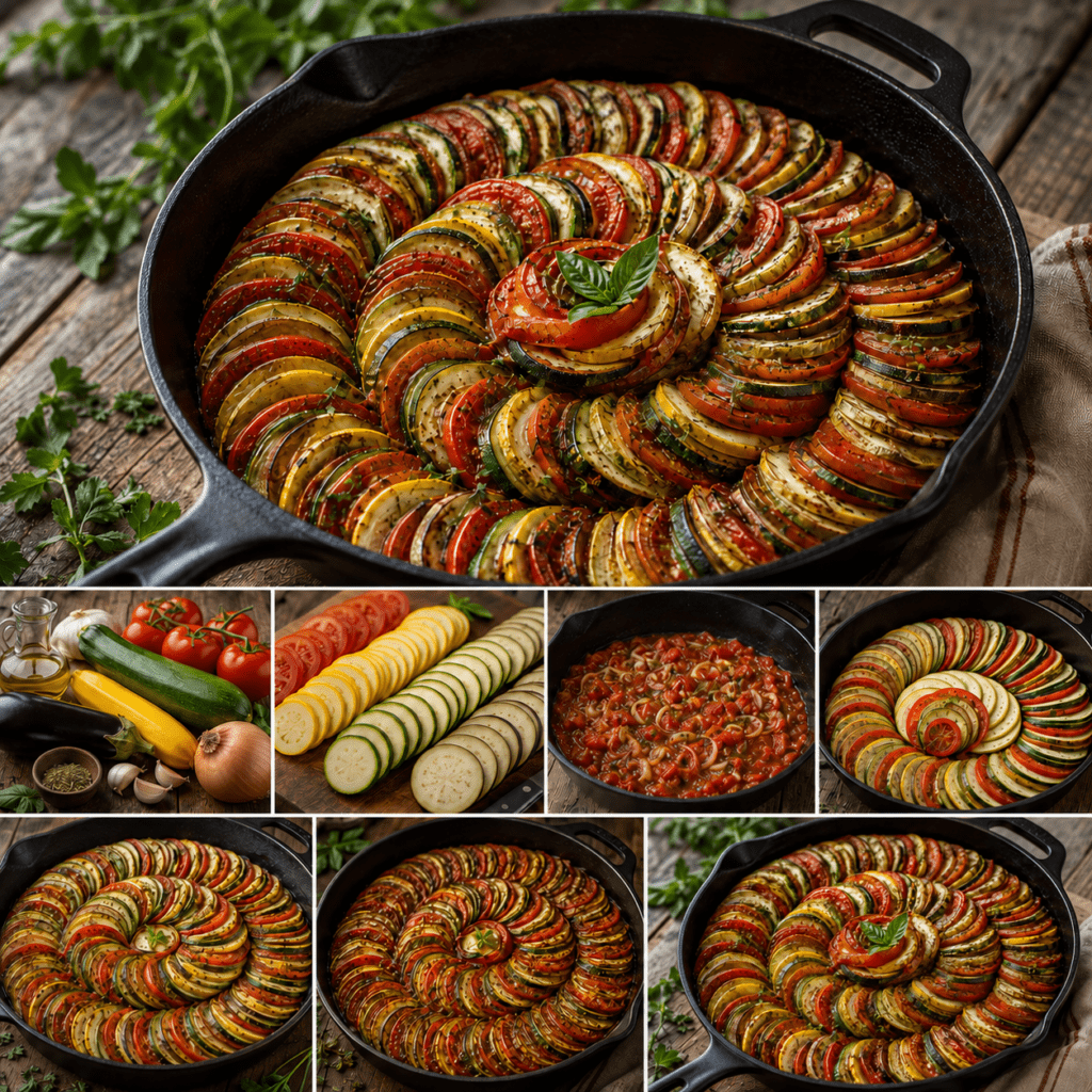 Ratatouille façon Disney présentée dans un plat rond, composée de fines rondelles de courgettes vertes et jaunes, d’aubergines et de tomates rangées en spirale serrée sur une sauce tomate aux herbes.