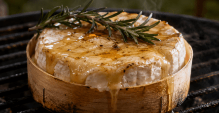 Camembert entier fondu au barbecue dans sa boîte en bois, surface incisée et dorée, garni de miel brillant et de romarin frais, servi avec du pain grillé.