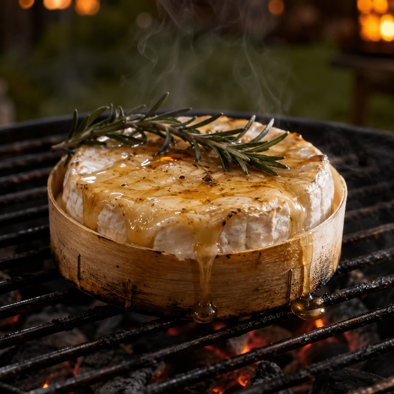 Camembert entier fondu au barbecue dans sa boîte en bois, surface incisée et dorée, garni de miel brillant et de romarin frais, servi avec du pain grillé.