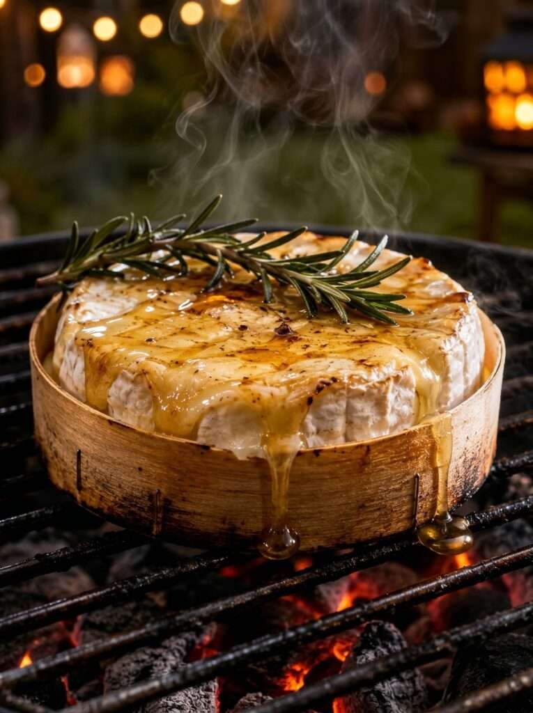 Camembert entier fondu au barbecue dans sa boîte en bois, surface incisée et dorée, garni de miel brillant et de romarin frais, servi avec du pain grillé.
