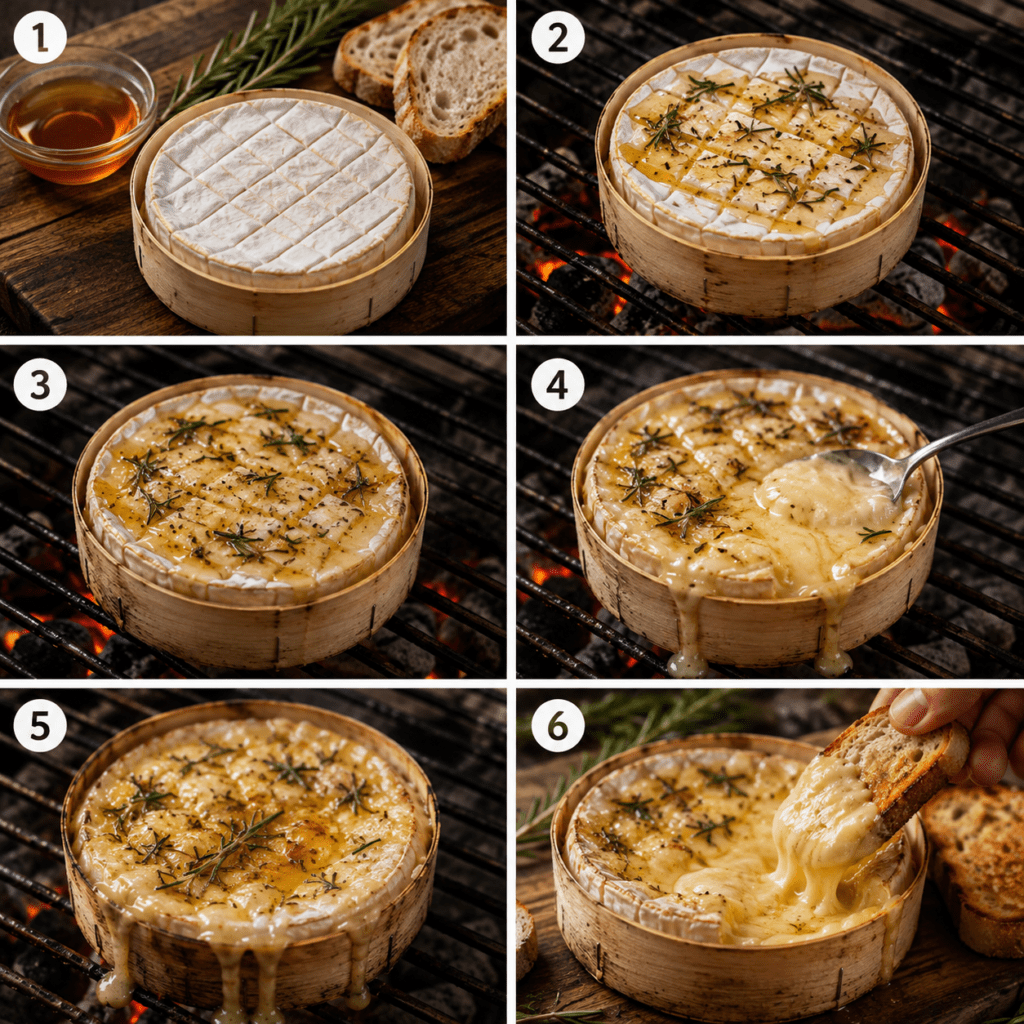 Camembert entier fondu au barbecue dans sa boîte en bois, surface incisée et dorée, garni de miel brillant et de romarin frais, servi avec du pain grillé.