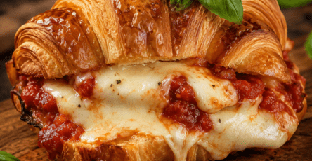 Croissant-pizza express chaud et doré, fendu puis garni de sauce tomate, de mozzarella fondue et de basilic frais, servi sur une assiette avec du fromage filant.