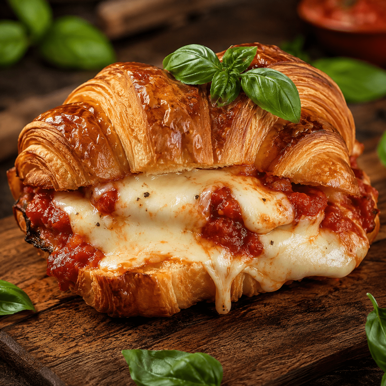 Croissant-pizza express chaud et doré, fendu puis garni de sauce tomate, de mozzarella fondue et de basilic frais, servi sur une assiette avec du fromage filant.