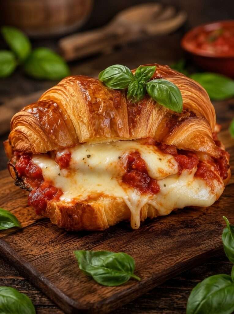 Croissant-pizza express chaud et doré, fendu puis garni de sauce tomate, de mozzarella fondue et de basilic frais, servi sur une assiette avec du fromage filant.