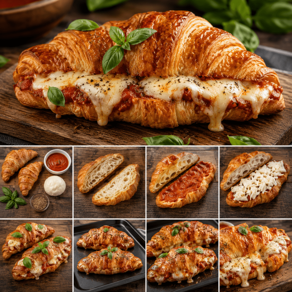 Croissant-pizza express chaud et doré, fendu puis garni de sauce tomate, de mozzarella fondue et de basilic frais, servi sur une assiette avec du fromage filant.