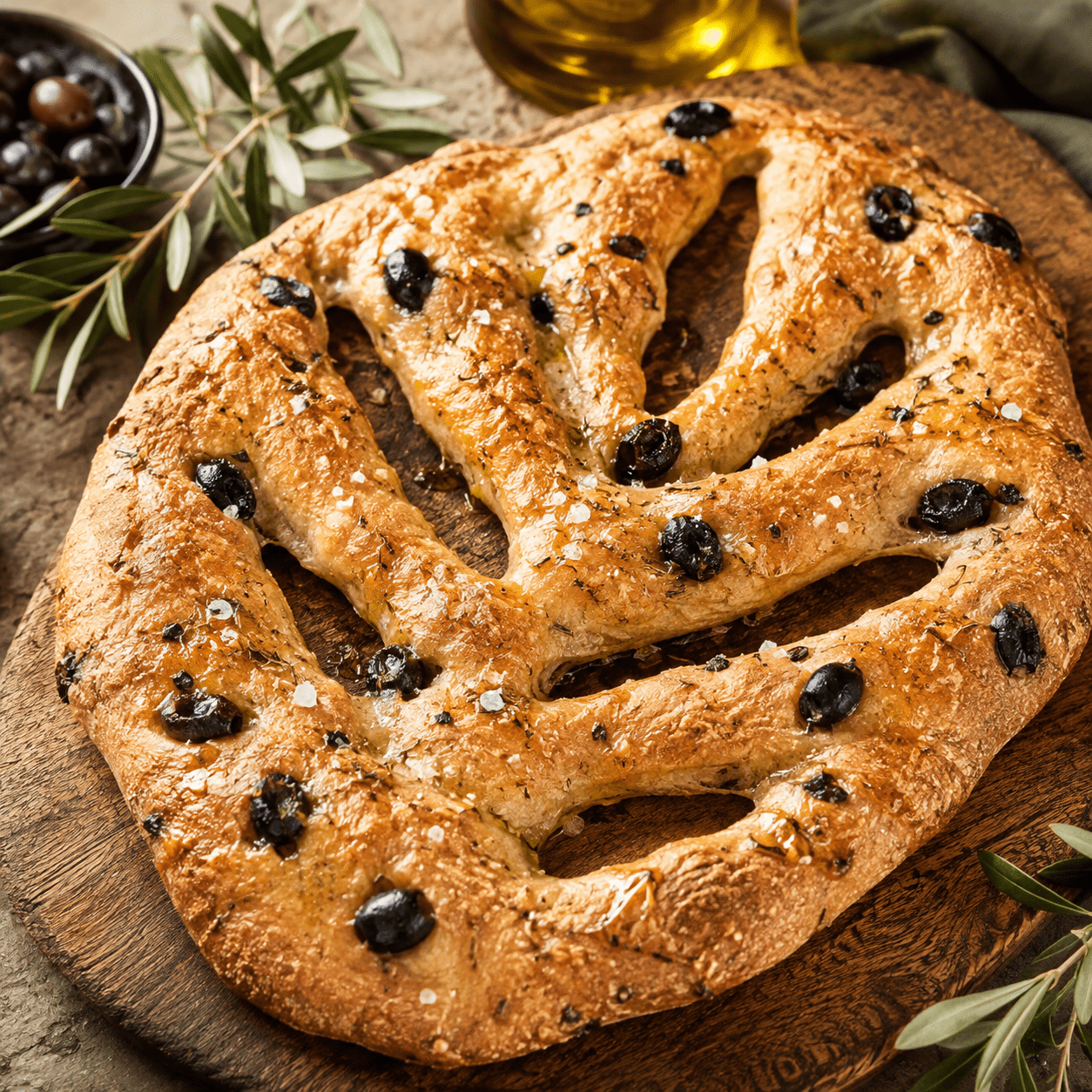 Fougasse provençale sans pétrissage, dorée et croustillante, façonnée en forme de feuille avec plusieurs entailles, garnie d’olives noires, de romarin frais et de gros sel.