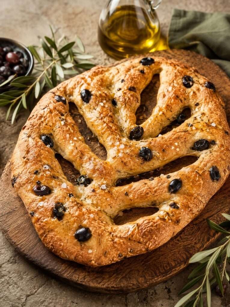Fougasse provençale sans pétrissage, dorée et croustillante, façonnée en forme de feuille avec plusieurs entailles, garnie d’olives noires, de romarin frais et de gros sel.