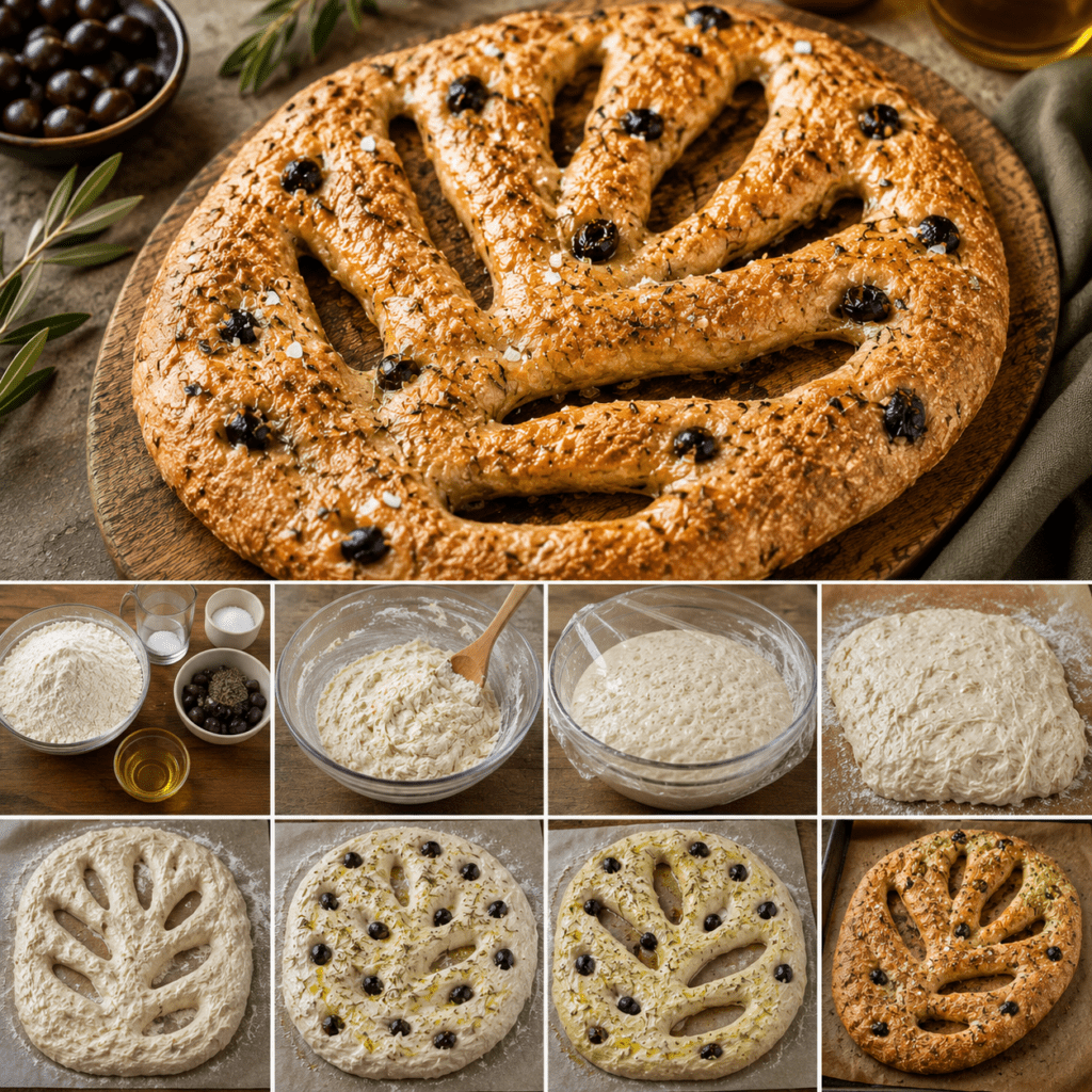 Fougasse provençale sans pétrissage, dorée et croustillante, façonnée en forme de feuille avec plusieurs entailles, garnie d’olives noires, de romarin frais et de gros sel.