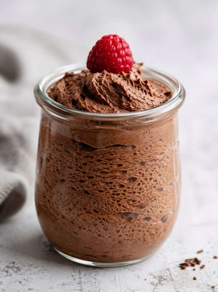 Mousse au chocolat sans œufs servie dans de petites verrines, avec une texture légère et aérienne obtenue grâce à l’aquafaba, décorée de copeaux de chocolat noir.