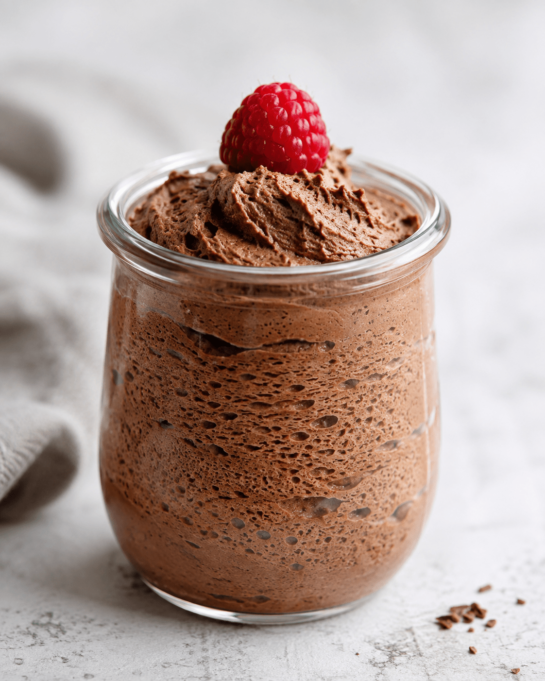 Mousse au chocolat sans œufs servie dans de petites verrines, avec une texture légère et aérienne obtenue grâce à l’aquafaba, décorée de copeaux de chocolat noir.