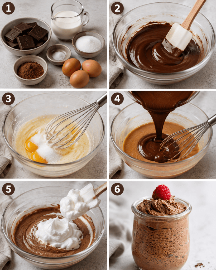Mousse au chocolat sans œufs servie dans de petites verrines, avec une texture légère et aérienne obtenue grâce à l’aquafaba, décorée de copeaux de chocolat noir.