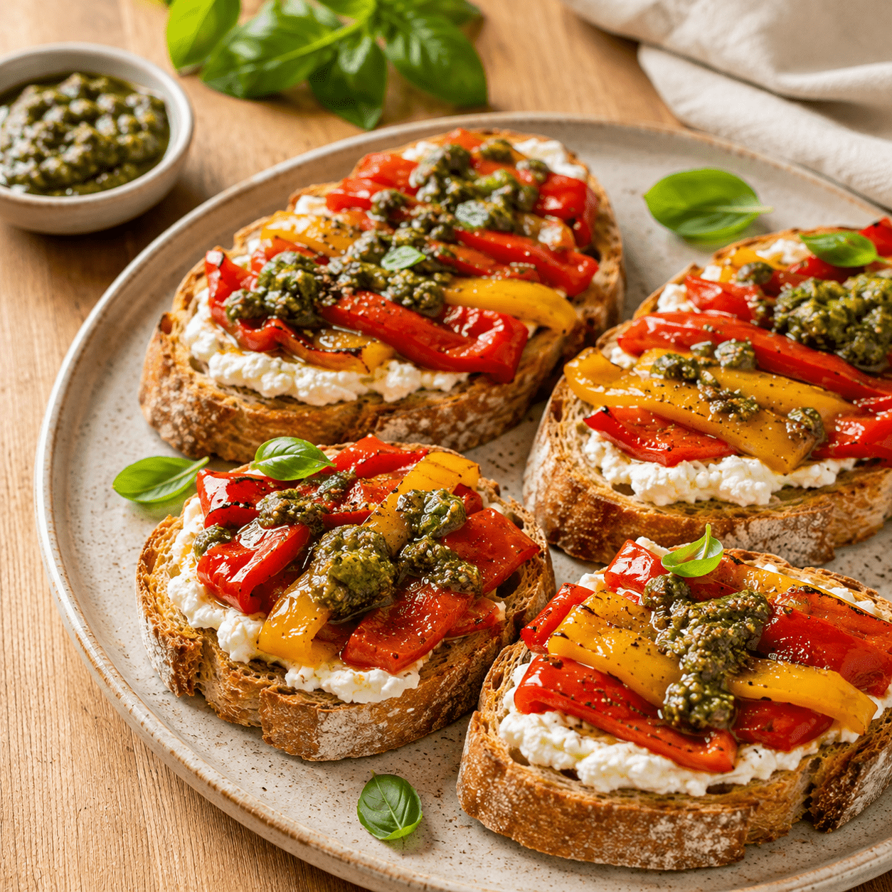 Des tartines croustillantes garnies de chèvre frais, de poivrons fondants et d’un pesto parfumé