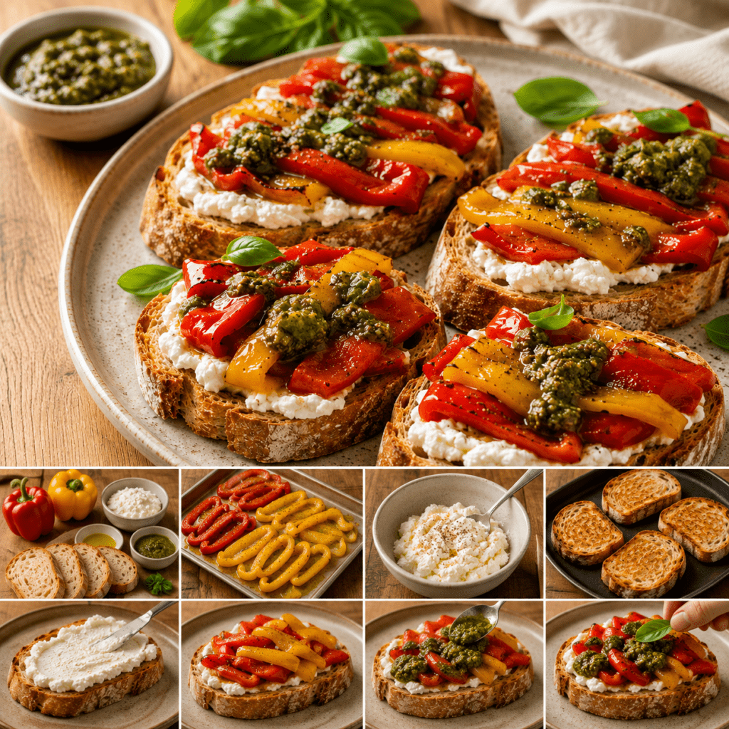 Des tartines croustillantes garnies de chèvre frais, de poivrons fondants et d’un pesto parfumé