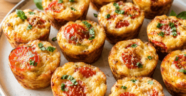 De petites bouchées moelleuses aux tomates cerises, au parmesan et au basilic, faciles à servir tièdes ou froides. mini clafoutis