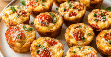 De petites bouchées moelleuses aux tomates cerises, au parmesan et au basilic, faciles à servir tièdes ou froides. mini clafoutis
