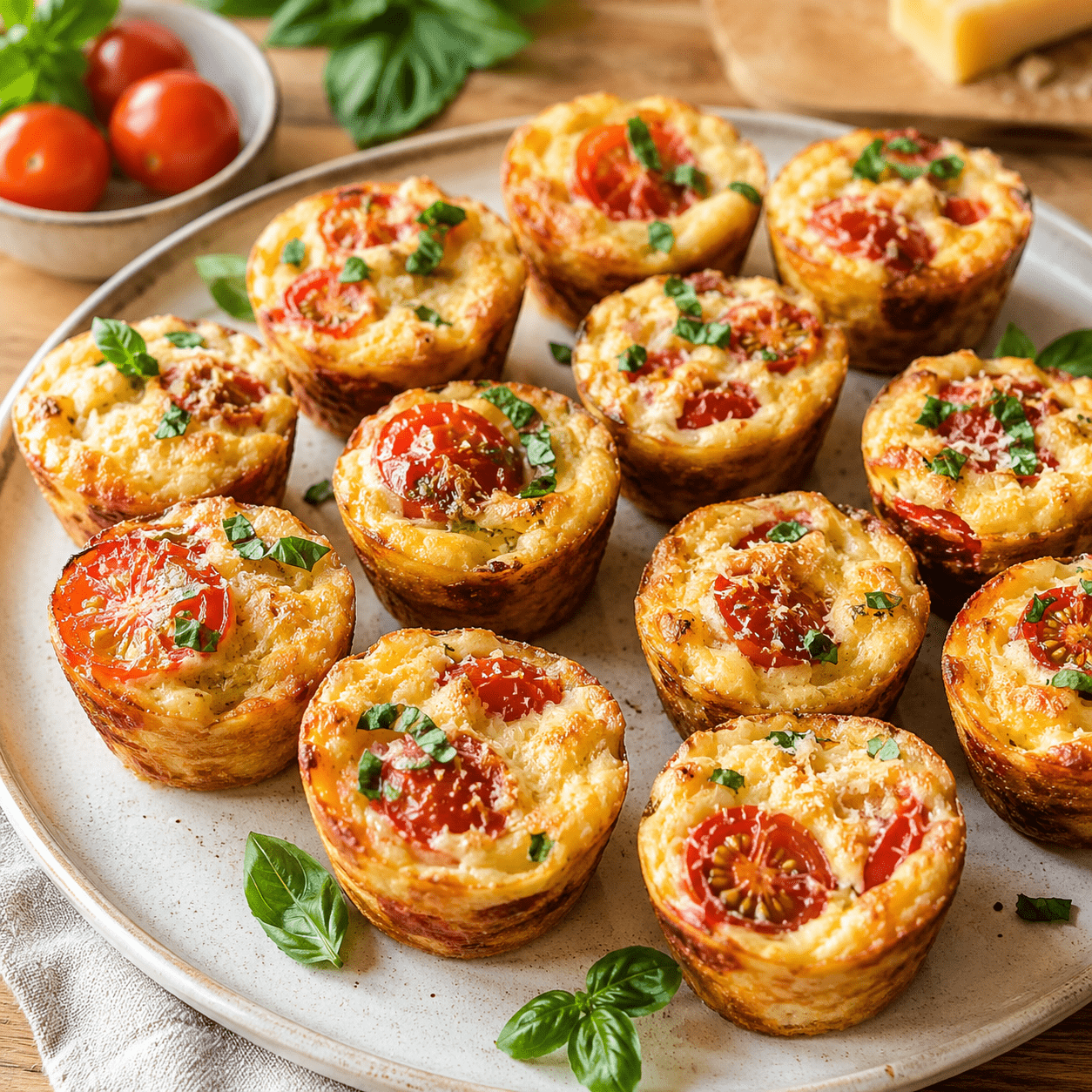 De petites bouchées moelleuses aux tomates cerises, au parmesan et au basilic, faciles à servir tièdes ou froides. mini clafoutis