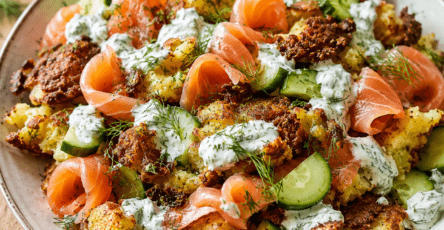 Salade des pommes de terre écrasées et croustillantes, du saumon fumé, du concombre et une sauce fraîche au yaourt et à l’aneth.