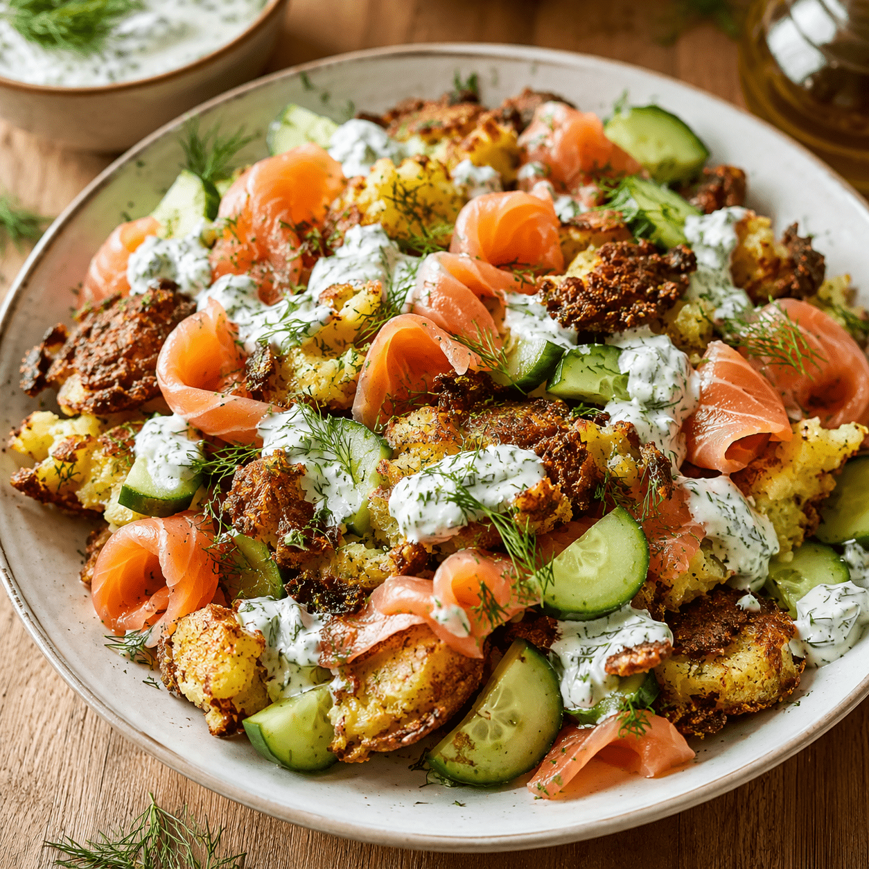 Salade des pommes de terre écrasées et croustillantes, du saumon fumé, du concombre et une sauce fraîche au yaourt et à l’aneth.