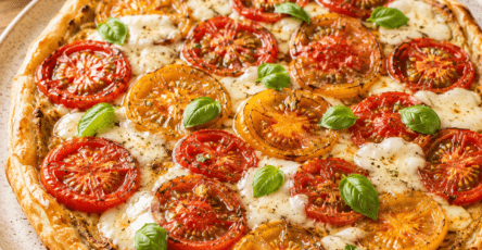 Une pâte feuilletée croustillante, une fine couche de moutarde, des tomates parfumées et de la mozzarella fondante.