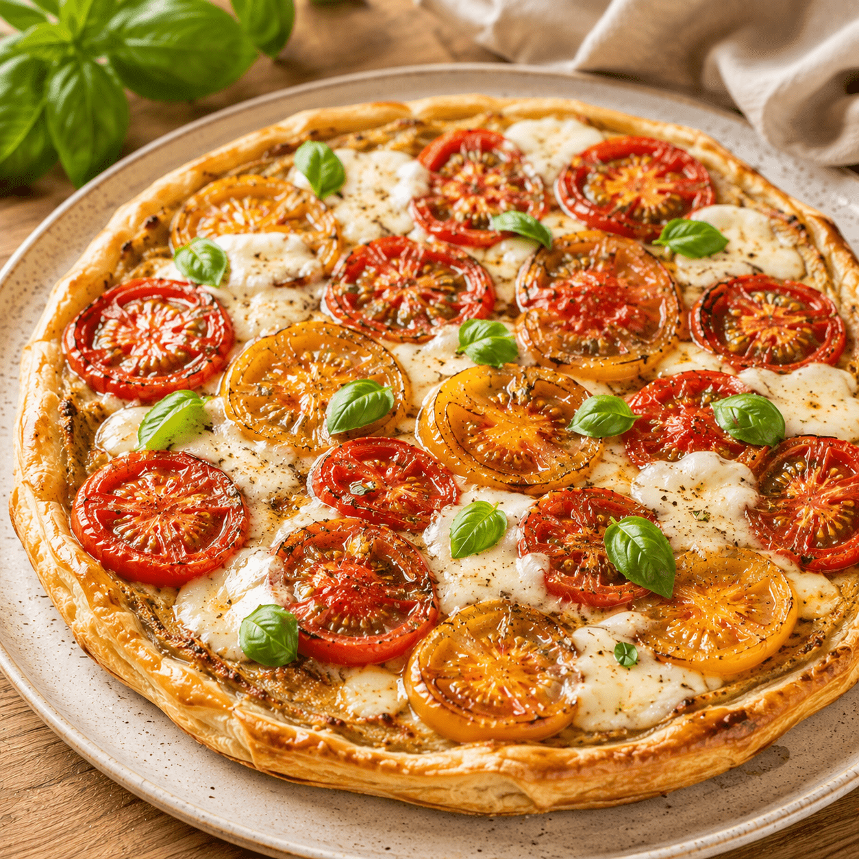Une pâte feuilletée croustillante, une fine couche de moutarde, des tomates parfumées et de la mozzarella fondante.