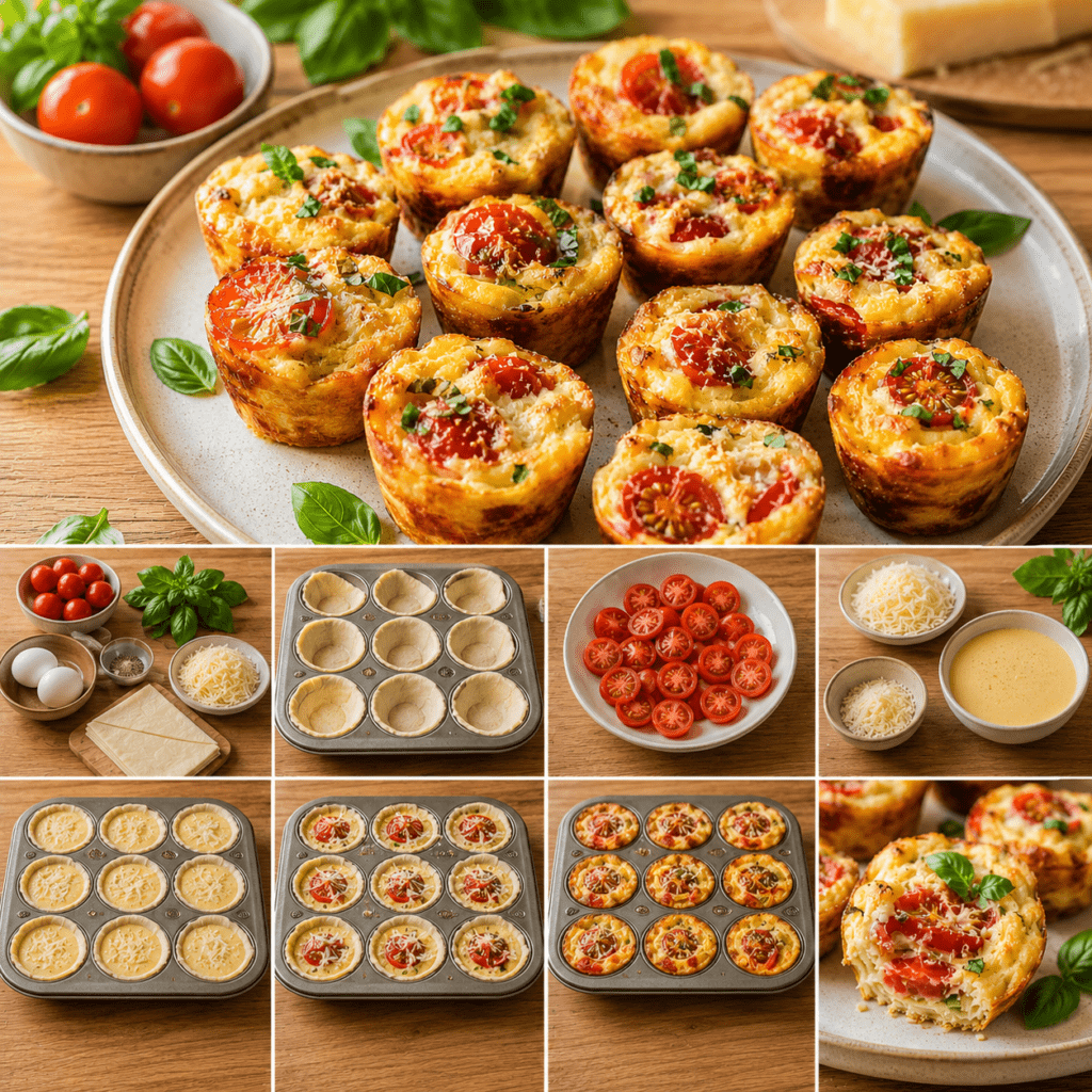 De petites bouchées moelleuses aux tomates cerises, au parmesan et au basilic, faciles à servir tièdes ou froides.