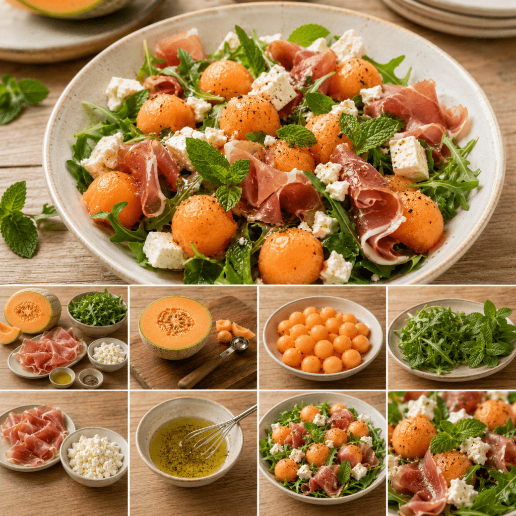 Une salade fraîche mêlant melon juteux, feta salée, jambon cru, roquette et menthe.
