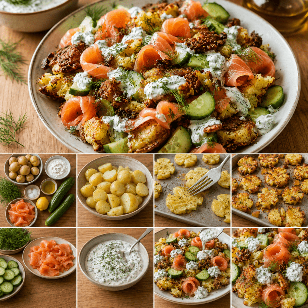 Salade des pommes de terre écrasées et croustillantes, du saumon fumé, du concombre et une sauce fraîche au yaourt et à l’aneth.