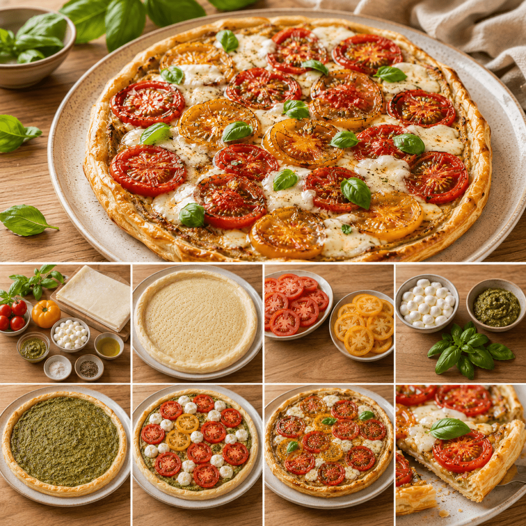 Une pâte feuilletée croustillante, une fine couche de moutarde, des tomates parfumées et de la mozzarella fondante.