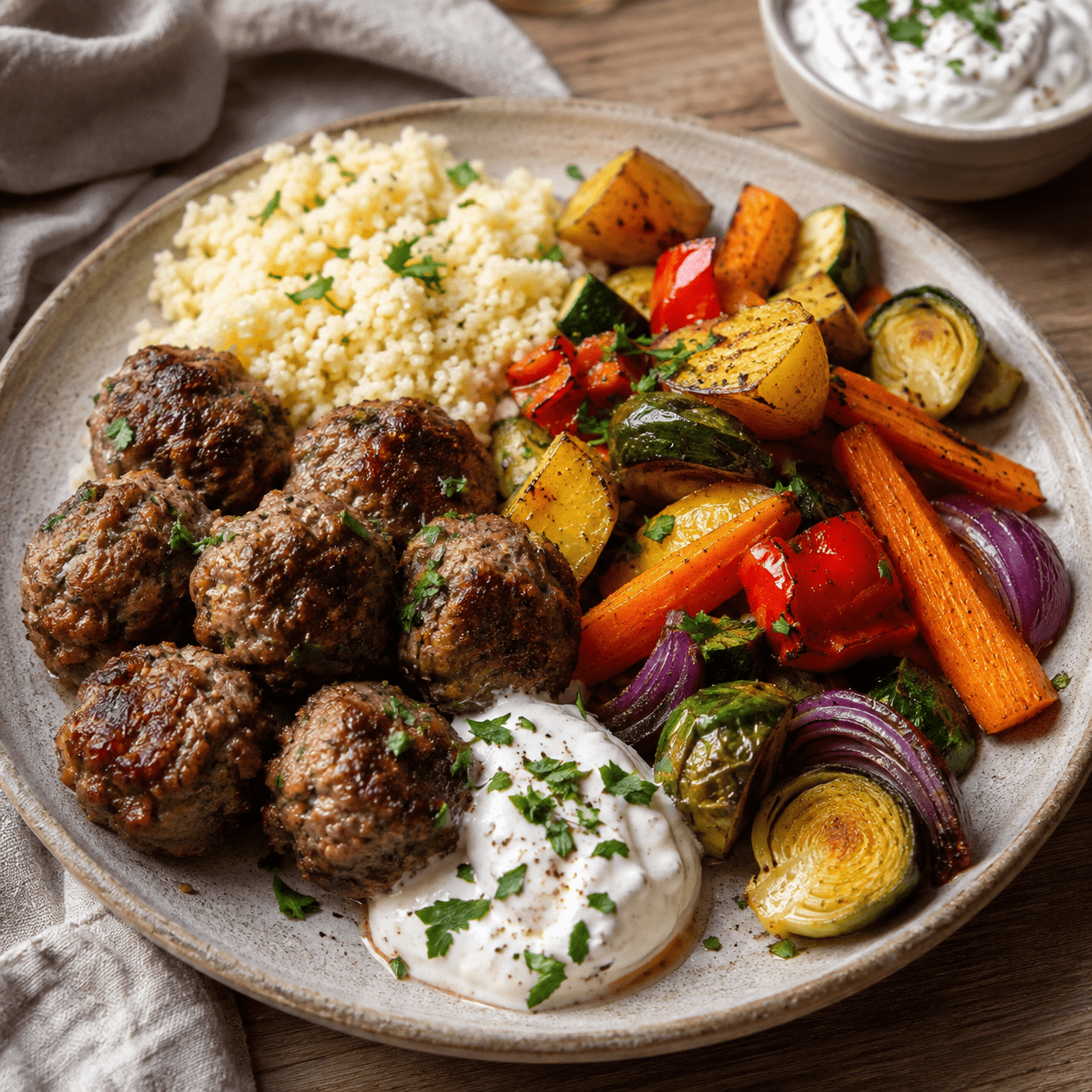 Des boulettes de bœuf épicées, une semoule légère et des légumes rôtis servis avec une sauce fraîche.
