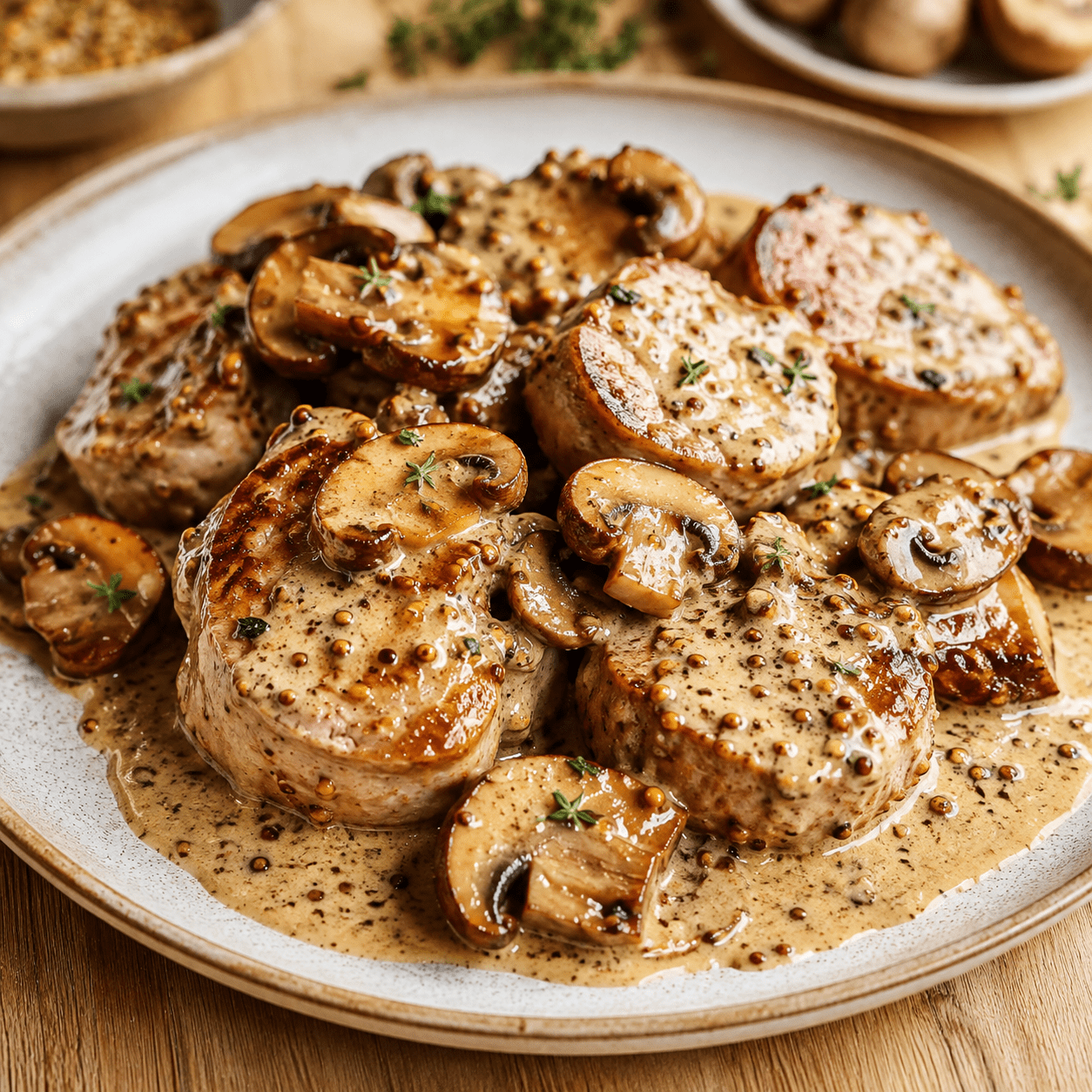 Des médaillons de filet mignon tendres, nappés d’une sauce crémeuse à la moutarde à l’ancienne et aux champignons.
