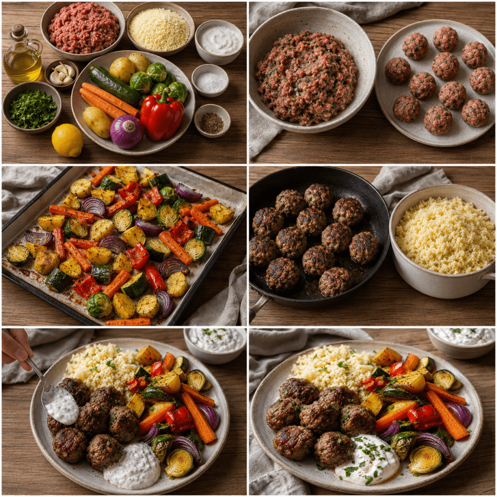 Des boulettes de bœuf épicées, une semoule légère et des légumes rôtis servis avec une sauce fraîche.