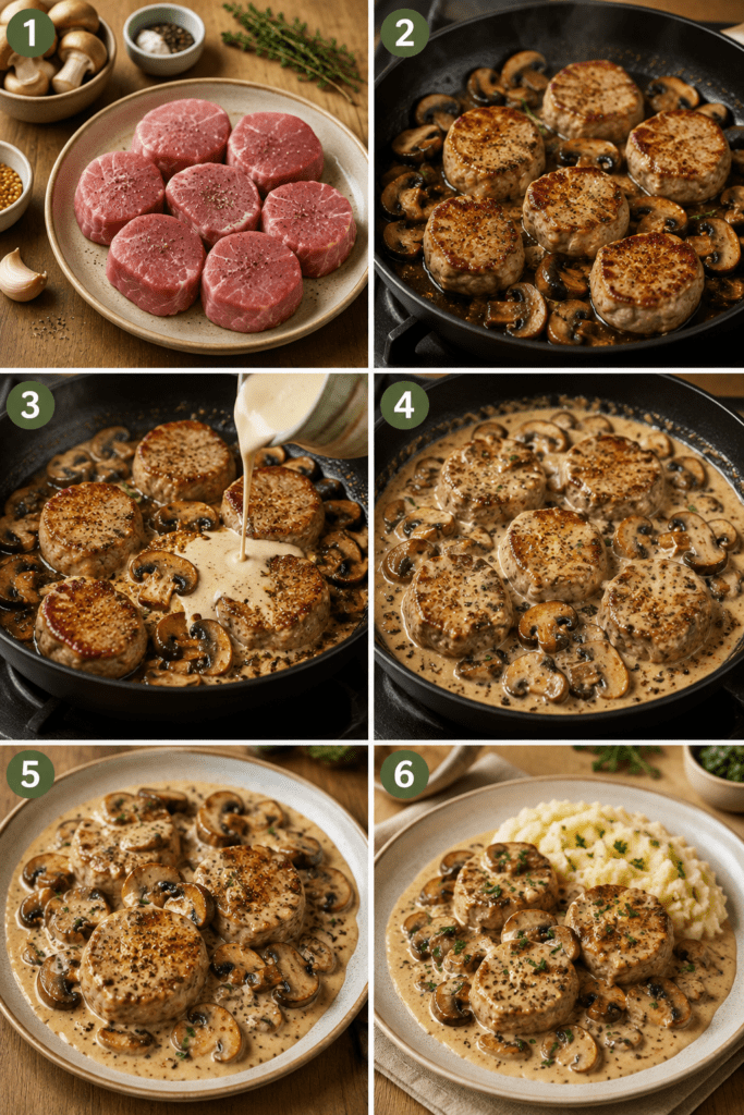 Des médaillons de filet mignon tendres, nappés d’une sauce crémeuse à la moutarde à l’ancienne et aux champignons.