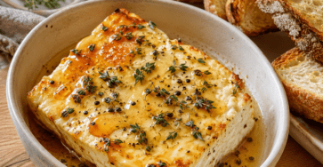 Bloc de feta rôtie au miel et au thym dans un plat en céramique, servi avec des tranches de pain grillé