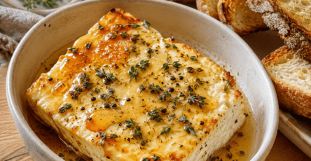 Bloc de feta rôtie au miel et au thym dans un plat en céramique, servi avec des tranches de pain grillé