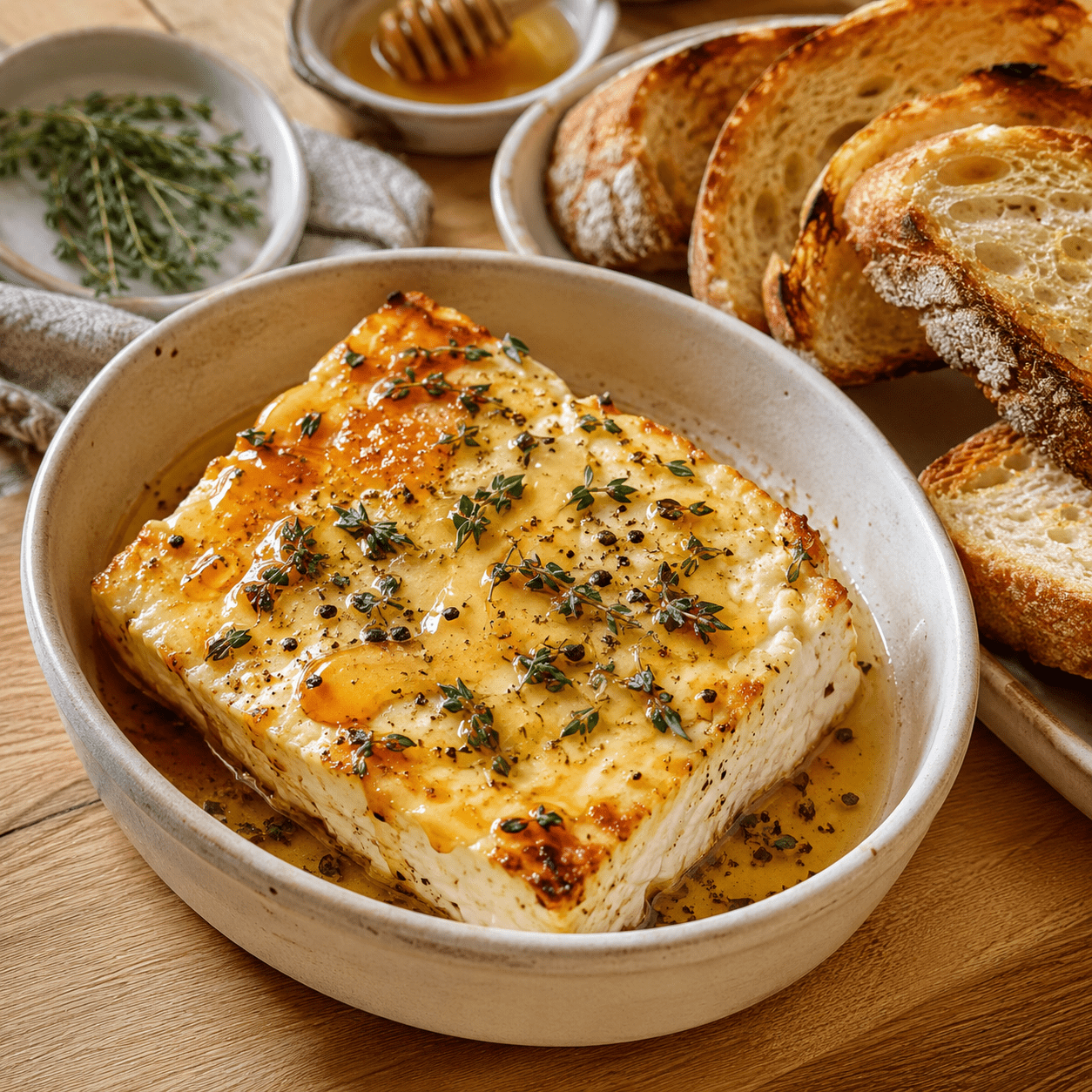 Bloc de feta rôtie au miel et au thym dans un plat en céramique, servi avec des tranches de pain grillé