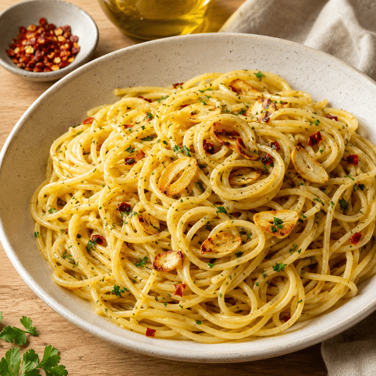 Assiette de spaghetti aglio e olio avec ail doré, persil frais, piment rouge et chapelure croustillante.