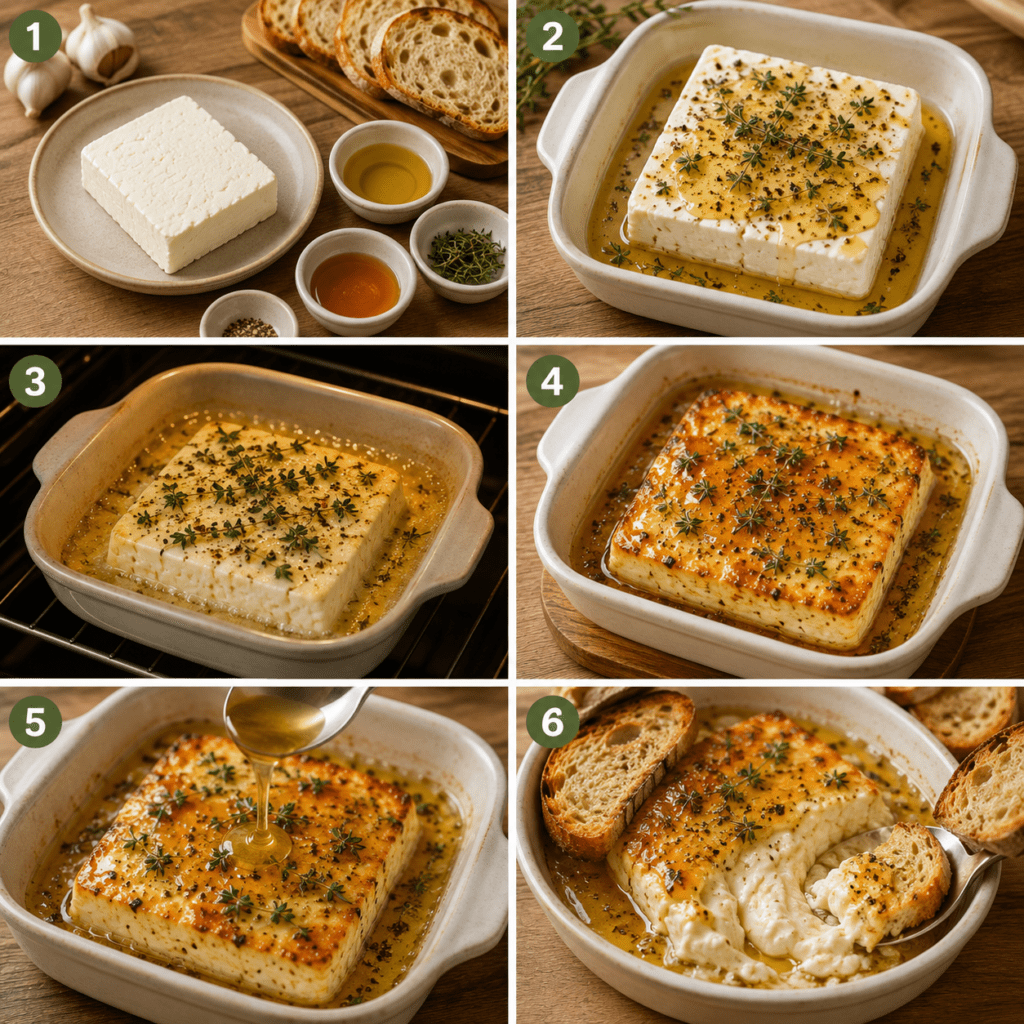 Bloc de feta rôtie au miel et au thym dans un plat en céramique, servi avec des tranches de pain grillé