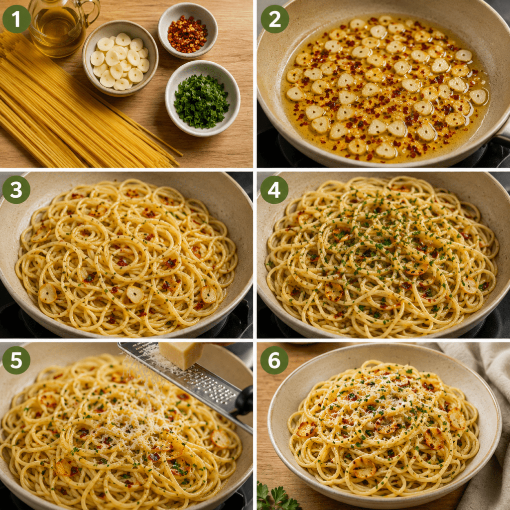 Assiette de spaghetti aglio e olio avec ail doré, persil frais, piment rouge et chapelure croustillante.