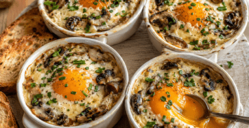 Œuf cocotte à la crème, aux champignons et au comté dans un ramequin, servi avec des mouillettes de pain grillé.